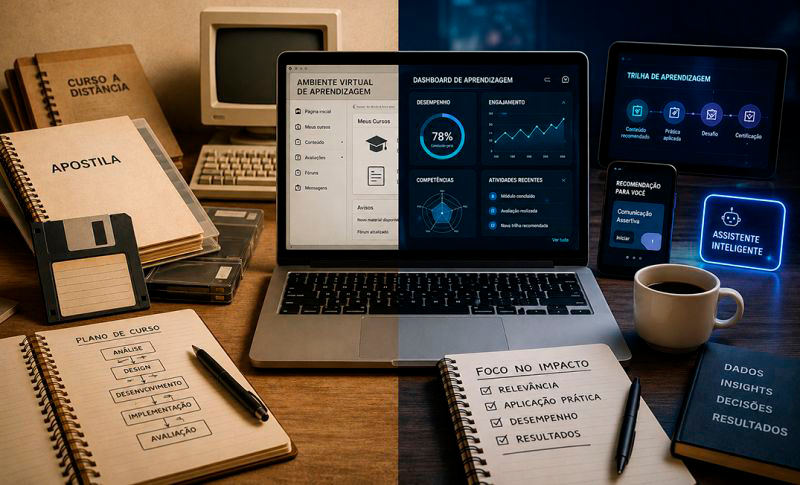 Notebook com Dashboard de aprendizagem, plano de curso e foco no impacto